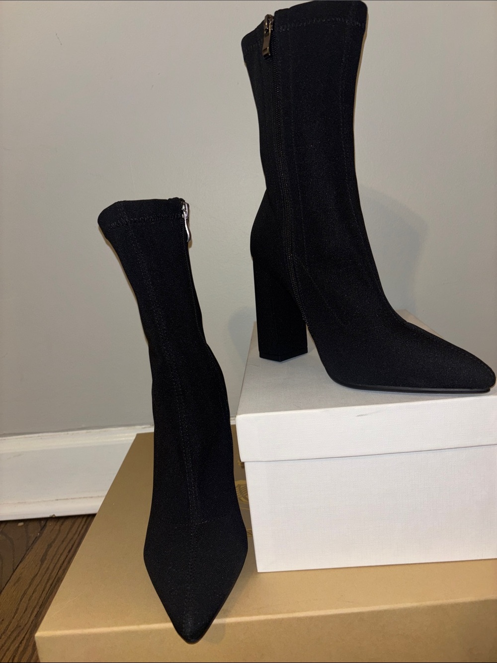 Pointed Toe Black Stretch Sock High Block Heel Ankle Boots